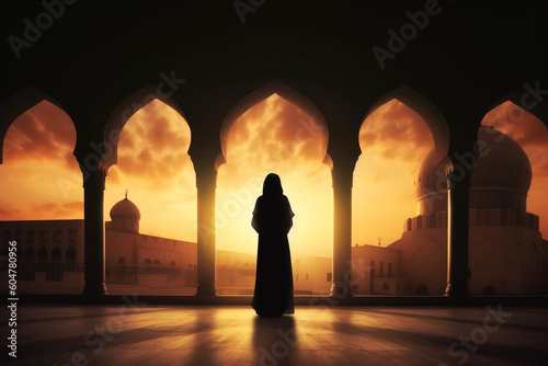 Rear view of a woman wearing hijab at the mosque Generative AI