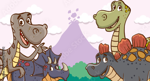 Cartoon happy dinosaur and fire spitting volcanic mountain in jungle