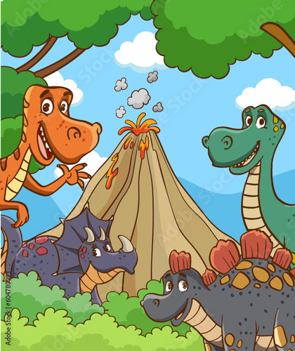 Cartoon happy dinosaur and fire spitting volcanic mountain in jungle