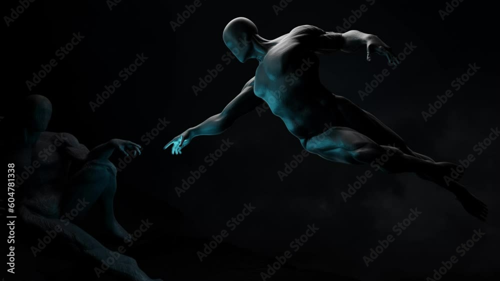 creation of Adam in 3d, the creator and the creation, mystical figures touch each other with a finger. 3d simulation