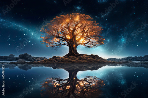 tree of life reminiscent of Yggdrasil reflected in an icy lake at night  dramatic starry sky in the background.AI Generative