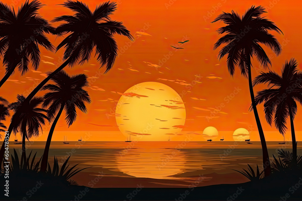 The evening on the beach Summer orange sky and coconut tree shadow. vector.AI Generative
