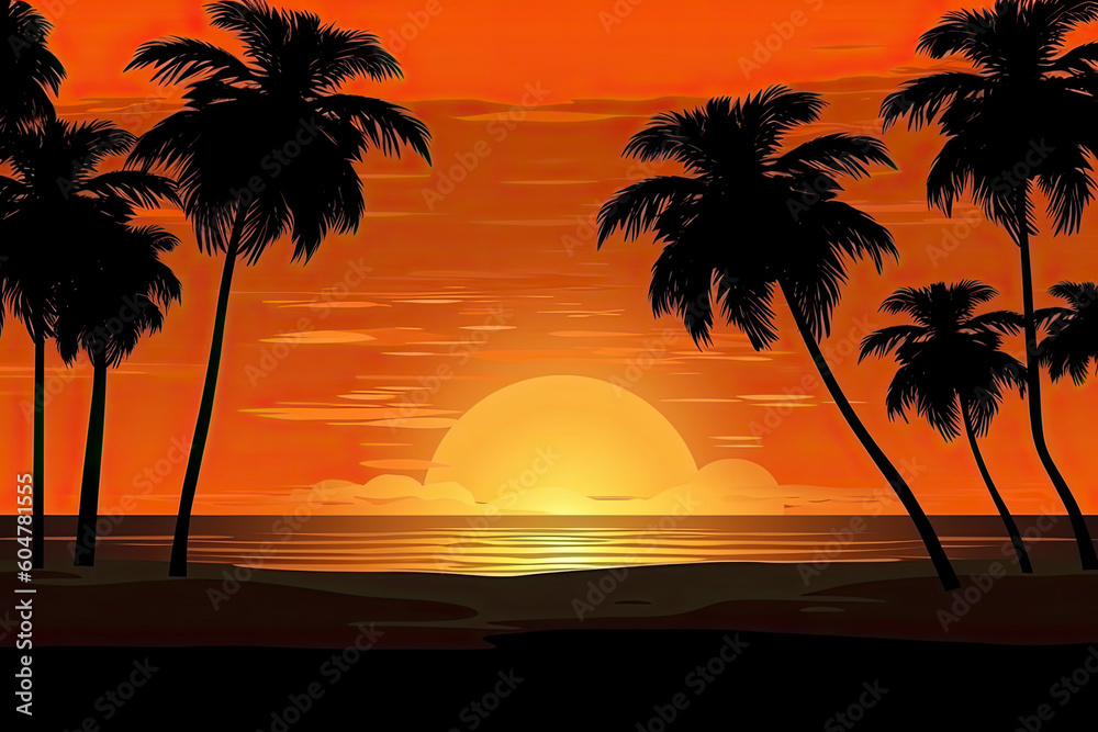 The evening on the beach Summer orange sky and coconut tree shadow. vector.AI Generative