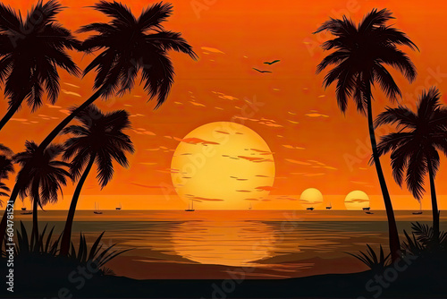 The evening on the beach Summer orange sky and coconut tree shadow. vector.AI Generative © surassawadee