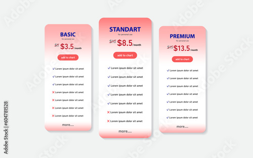 Pricing table vector UI UX design. Landing page website price list product marketing. Price list product add to chart. Product comparison table.