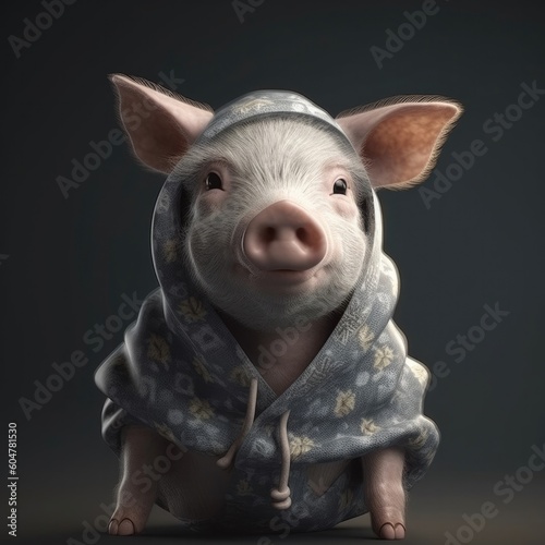 3D cartoon pig portrait wearing clothes, standing in front, generative ai
