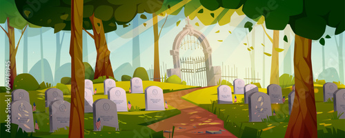 Summer day at national cemetery with USA flags near graves. Vector cartoon illustration of military memorial graveyard with marble tombs on green lawn under tall trees, stone gate and old fence