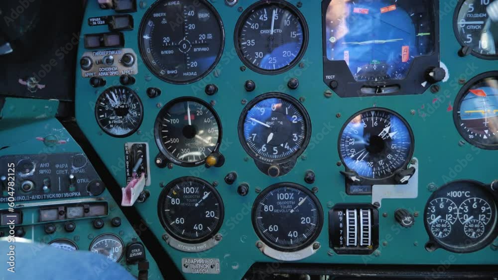 The cockpit of the old Soviet Mig-23 fighter. Close-up of instruments ...