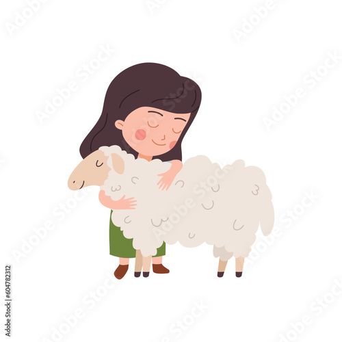 Little girl hugging a white sheep flat cartoon vector illustration isolated.