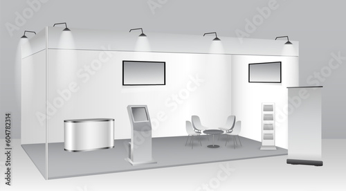 set of realistic trade exhibition stand or white blank exhibition kiosk or stand booth corporate commercial. eps vector