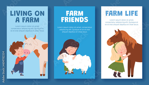 Set of flyers about farm life with kids hugging animals flat style