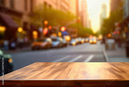 Wooden table top on blur of traffic in city at sunset, can be used for display or montage your products