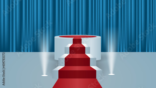 3D Podium with realistic blue curtain, stairs, lamp and red carpet