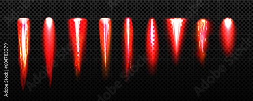 Realistic set of rocket fire trails isolated on transparent background. Vector illustration of red flame, smoke blast after jet aircraft takeoff, spaceship launch, shuttle contrail, high speed start