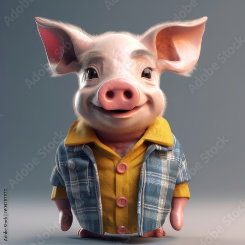 3D cartoon pig portrait wearing clothes, standing in front, generative ai