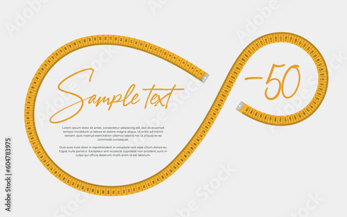 Horizontal illustration of a yellow measuring tape in the form of an inverted figure eight, there is a place for text inside on a white background