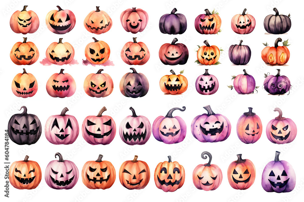 Watercolor pumpkins and Jack o lanterns created with Generative AI technology Watercolor pumpkins and Jack o lanterns created with Generative AI technology