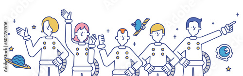 宇宙飛行士の職業に就く男性と女性のイラスト