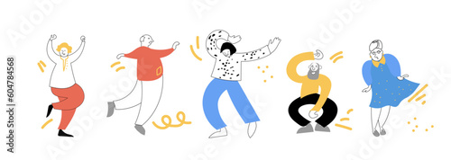 Seniors dance flat vector illustration. Elderly men and women actively spend time.