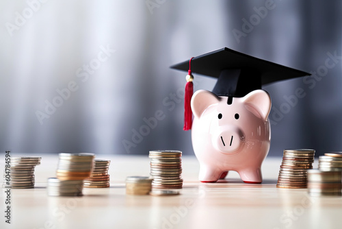 Piggy Bank with Black Graduation Hat with coins. Savings for investment in education and scholarship concept. Generative AI photo