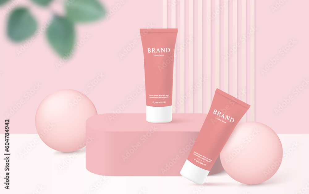 Cosmetics and skin care product ads template on pink background with leaves. Cosmetics and skin care product ads template on pink background with leaves.