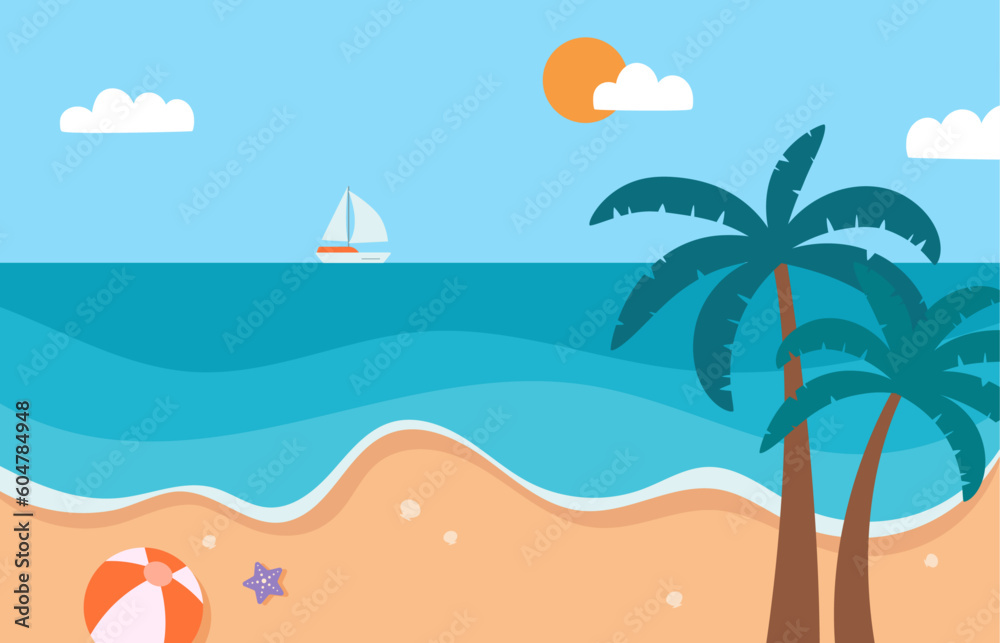 Summer beach background with coconut tree illustration