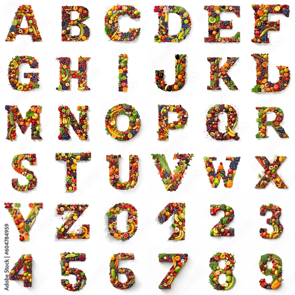 Generative AI - Edible Alphabet and Numbers - A Colorful Composition of Fruits, Vegetables Generative AI - Edible Alphabet and Numbers - A Colorful Composition of Fruits, Vegetables