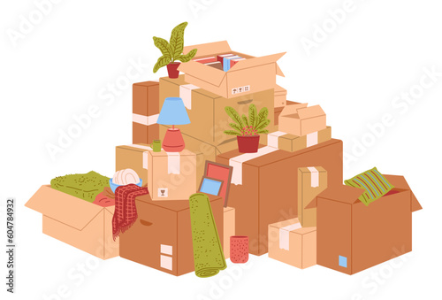 Big pile of cardboard boxes and household objects, flat vector illustration isolated on white background.