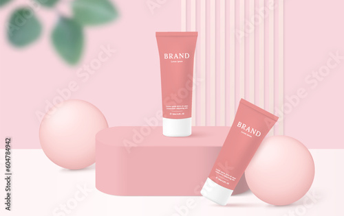Cosmetics and skin care product ads template on pink background with leaves.