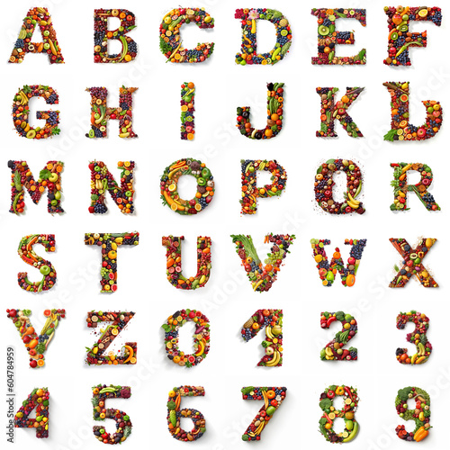 Generative AI - Edible Alphabet and Numbers - A Colorful Composition of Fruits  Vegetables