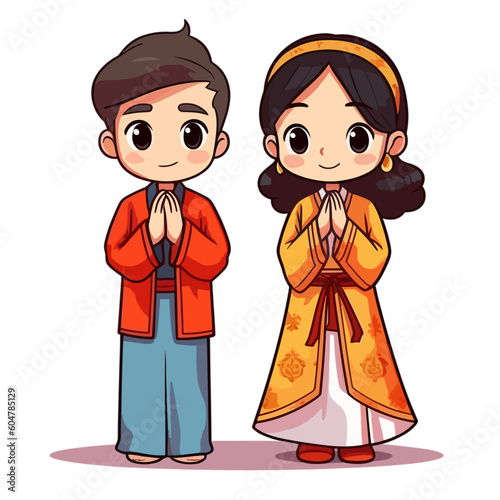 a couple of praying boy and girl with traditional chinese clothes style 6