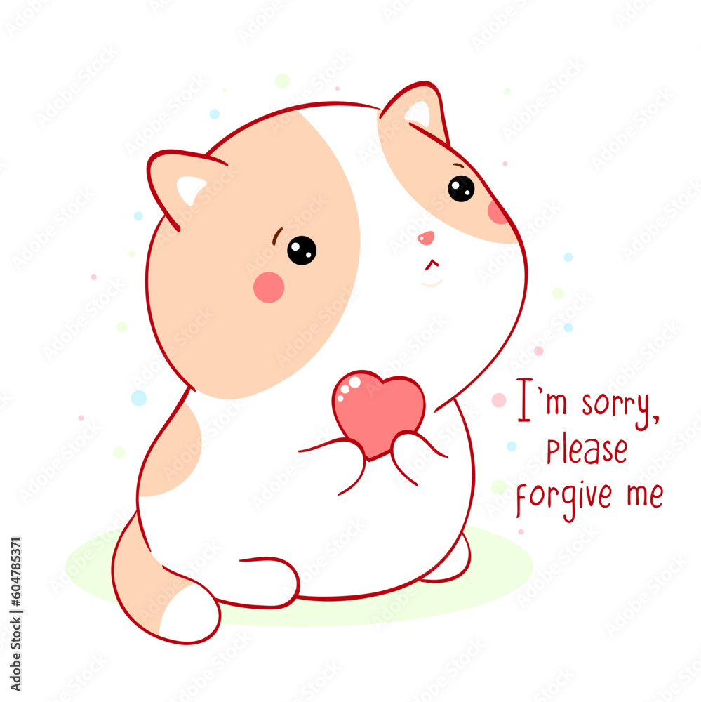 Apologize card. Sad little kitten with pink heart. Inscription I'm sorry, please forgive me. Cute baby cat apologize. Vector illustration EPS8 Apologize card. Sad little kitten with pink heart. Inscription I'm sorry, please forgive me. Cute baby cat apologize. Vector illustration EPS8