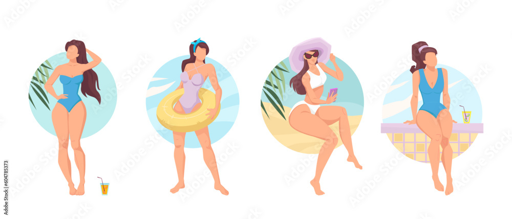 Set of beautiful girls in bikini relaxing on the beach. Young women sunbathe
