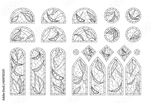 Coloring stained glasses. Set of different windows shapes drawing in one style.