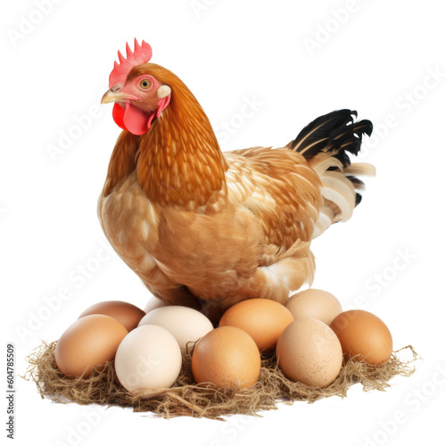 Illustration of hen with eggs on nest made of hay isolated on transparent background. PNG clip art. Generated with AI.