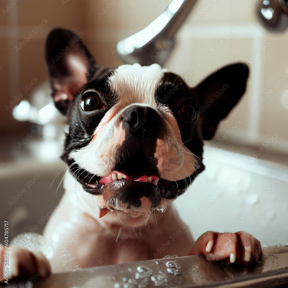 a boston terrier bathing in a sink look happiness.Generative AI