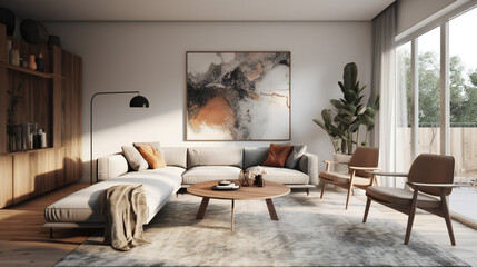 Stylish Living Room Interior with an Abstract Frame Poster, Modern interior design, 3D render, 3D illustration