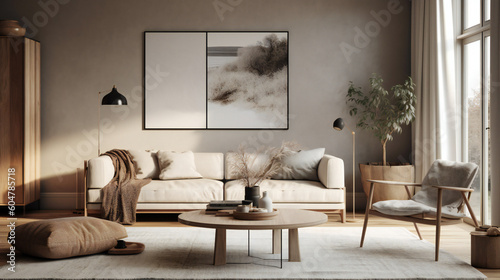 Stylish Living Room Interior with an Abstract Frame Poster  Modern interior design  3D render  3D illustration