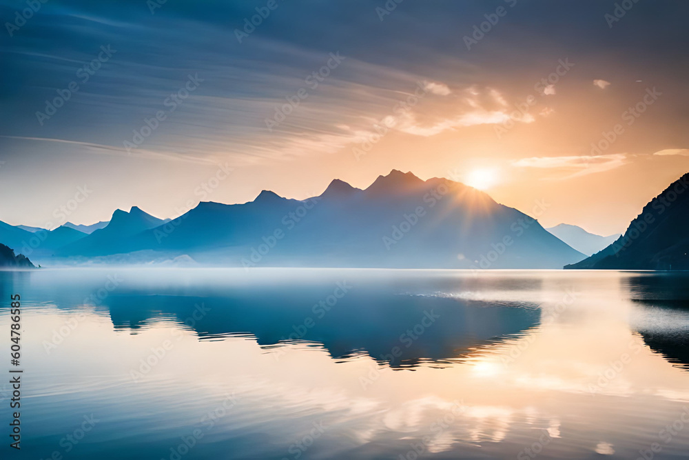 sunrise on the lake, reflecting mountaion on the lake, lake in the morning sun shine