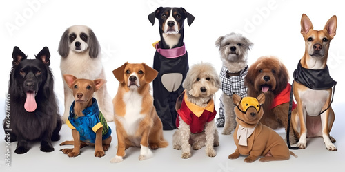 Different types and sizes of dogs group with clothing. AI generated. © May