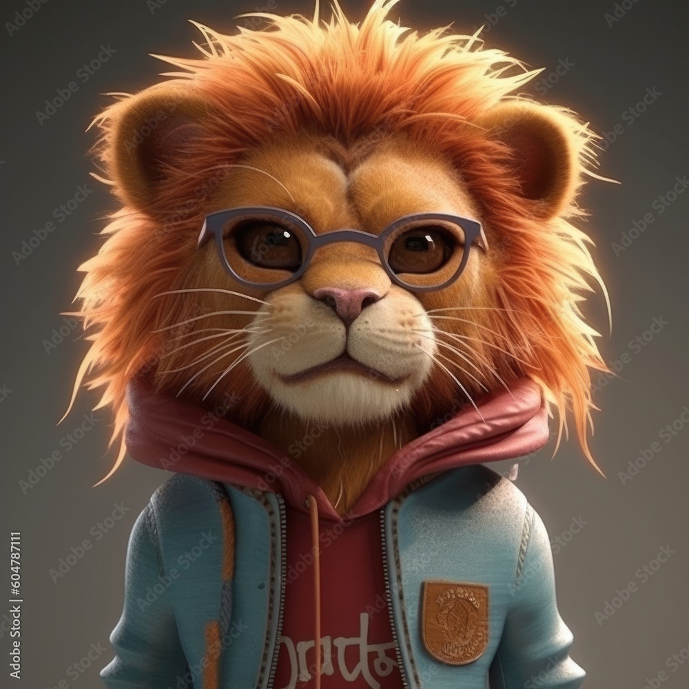 Obraz premium 3D cartoon lion portrait wearing clothes, standing in front, generative ai