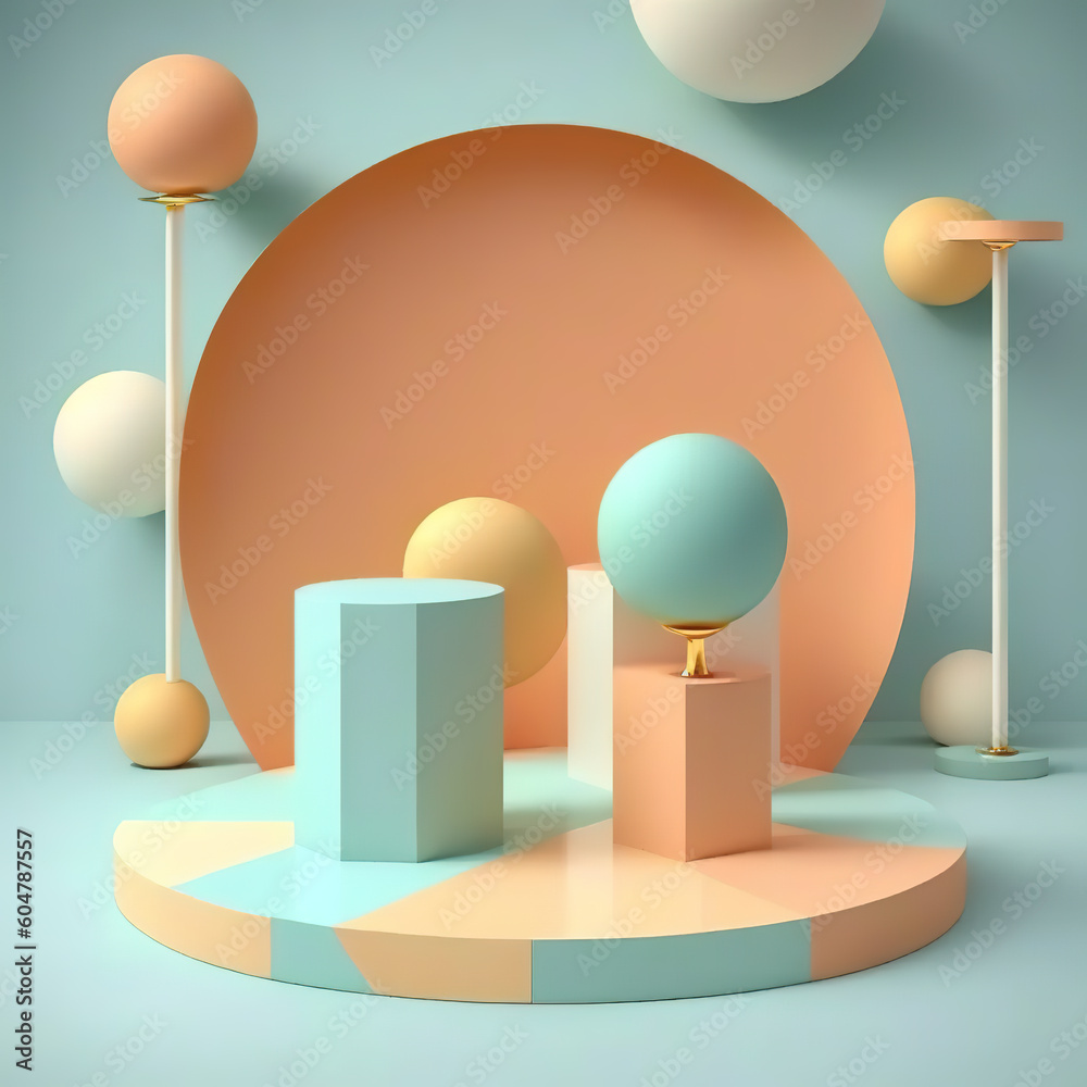Set of beige, blue, pink and white realistic 3d cylinder pedestal podium in pastel colorful abstract rooms and gold element. Generative AI Set of beige, blue, pink and white realistic 3d cylinder pedestal podium in pastel colorful abstract rooms and gold element. Generative AI