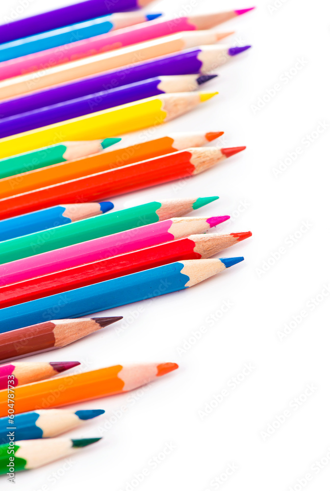 Fine Art, creativity. Color pencils isolated on white background close up Fine Art, creativity. Color pencils isolated on white background close up