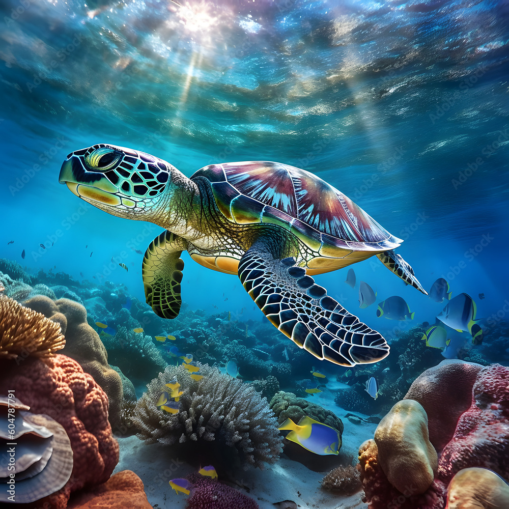 Fototapeta premium Sea turtle or marine turtle swimming in ocean. AI generated