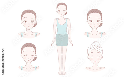 エステ・美容・脱毛サロンにぴったりのお団子ヘアーの女性の全身と悩む・施術中のイラストセット_フェミニン手描き風ベクター_水色系