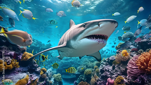 Shark swimming in ocean over sunshine. AI generated