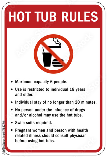 No food or drink in pool area warning sign and labels hot tubes rules