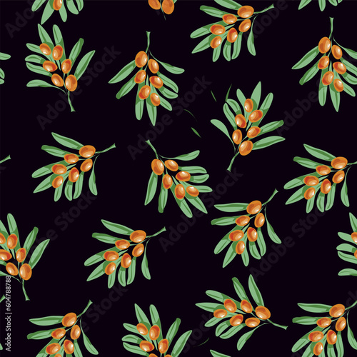 Vector pattern seamless sea buckthorn branches on a white background,beautiful sea buckthorn,sea buckthorn oil,sea buckthorn juice vector on a dark background.