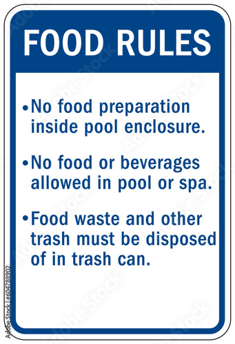 No food or drink in pool area warning sign and labels food rules