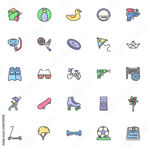Summer toys filled outline icons set